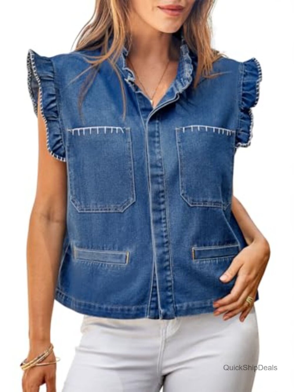 Women's Denim Vest Ruffle Sleeve Cropped Jean Vest Summer Casual